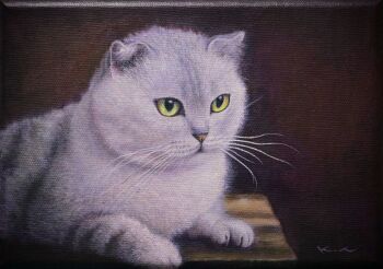 acrylic_paint_(medium) animal animal_focus brown_background cat commentary_request dated_commentary green_eyes keisirou no_humans original painting_(medium) realistic signature traditional_media white_cat