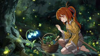 Rule 34 | 1girl, bare legs, barefoot, basket, commentary request, falsewander, flower, forest, full body, highres, horns, long sleeves, medium skirt, nature, orange eyes, orange hair, original, plaid clothes, plaid skirt, ponytail, satsuki rin, shirt, skirt, solo, squatting, touhou, tree, white skirt, wide sleeves, yellow shirt