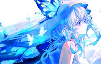 1girl armlet blue_butterfly blue_dress blue_hair blue_veil breasts bug butterfly colored_eyelashes dress hair_between_eyes highres insect jewelry long_hair purple_eyes shorekeeper_(wuthering_waves) sleeveless sleeveless_dress solo two-tone_veil veil white_veil wuthering_waves yin_zhi