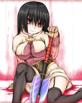 Rule 34 | 1girl, acolyte (ragnarok online), black hair, black thighhighs, blood, blood splatter, breasts, brown capelet, brown gloves, brown shirt, brown skirt, capelet, closed mouth, commentary request, feet out of frame, garter straps, gloves, hair between eyes, hair over eyes, haty, holding, holding mace, holding weapon, impossible clothes, impossible shirt, large breasts, long hair, long sleeves, looking at viewer, mace, ragnarok online, red eyes, shirt, sitting, skirt, smile, solo, thighhighs, weapon