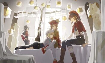 4boys androgynous apple ascot asymmetrical_legwear backlighting beret black_corset black_hair black_hat black_pants black_pantyhose black_shoes blonde_hair blue_bow blue_bowtie blue_eyes blue_gemstone boots bow bowtie brown_boots brown_hair capelet corset crossed_legs denim drill_hair drill_ponytail edgar_valden edgar_valden_(golden_ratio) edgar_valden_(multicolor_printing) edgar_valden_(narcissus) expressionless eye_mask food frilled_shirt frills fruit gem golden_apple hair_bow half_eye_mask hat highres identity_v jeans kneehighs knees_together_feet_apart loafers lying male_focus mask multiple_boys multiple_persona neck_ribbon on_side pants pants_rolled_up pantyhose parted_lips pba_471 red_ascot red_bow red_capelet red_hat red_ribbon red_shirt red_tunic ribbon sculpture shirt shoes single_leg_pantyhose sitting socks surreal suspenders trap tree tunic uneven_legwear white_pantyhose white_shirt yellow_bow yellow_bowtie yellow_eyes