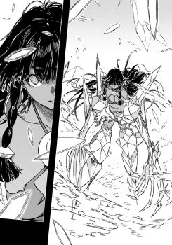 1girl bare_shoulders bikini breasts cleavage crystal crystal_arm crystal_shards crystallization dark-skinned_female dark_skin dungeon_ni_deai_wo_motomeru_no_wa_machigatteiru_darou_ka greyscale haimura_kiyotaka highres large_breasts long_hair long_sidelocks material_growth monochrome no_pupils novel_illustration official_art parted_lips sidelocks solo stomach swimsuit sword_oratoria third-party_source tione_hyryute torn_bikini torn_clothes