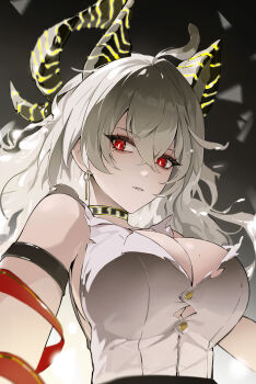 1girl absurdres ahoge arm_strap bare_shoulders black_choker black_horns breasts bright_pupils button_gap choker closed_mouth commentary_request curled_horns dark_background earrings gozero gradient_background grey_hair hair_between_eyes highres horns jewelry key_earrings large_breasts large_ribbon long_hair looking_at_viewer mole mole_under_eye parted_lips red_eyes revision shirt solo torn_clothes torn_shirt upper_body white_pupils white_shirt wuthering_waves zani_(wuthering_waves)
