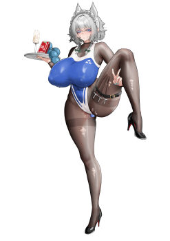 1girl absurdres alternate_breast_size_(larger) anal anal_beads anal_object_insertion belt black_shoes blue_nails blue_one-piece_swimsuit bodystocking breasts butt_plug covered_erect_nipples cum cum_in_container cum_in_cup grey_hair high_heels highleg highleg_one-piece_swimsuit highres holding holding_tray huge_breasts impossible_clothes impossible_swimsuit izayoi_sakuya jewel_butt_plug maid_headdress nail_polish object_insertion one-piece_swimsuit sex_toy shoes short_hair simple_background solo standing standing_on_one_leg swimsuit thigh_belt thigh_strap torn_bodystocking torn_clothes touhou tray user_ckkx8884 v variant_set white_background