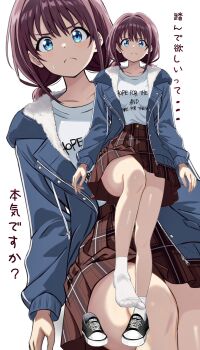 1girl blue_coat blue_eyes brown_hair closed_mouth coat different_zoom_layer girls_band_cry highres iseri_nina long_sleeves low_twintails medium_hair pleated_skirt presenting_foot red_skirt right_shoe_removed shirt shoes short_twintails simple_background single_shoe skirt sneakers socks solo thighs translated twintails white_background white_shirt white_socks zaofeng zoom_layer