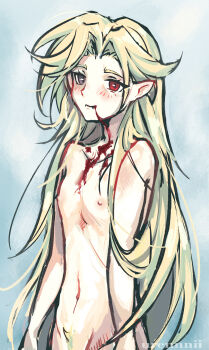 1boy absurdres blonde_hair blonde_pubic_hair blood english_text heterochromia highres hugo_vlad nipples pale_skin pointy_ears sharp_teeth skinny teeth urennnii vampire watermark zenless_zone_zero