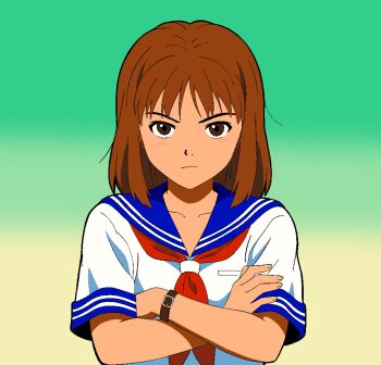 1girl absurdres blue_sailor_collar brown_eyes brown_hair closed_mouth crossed_arms cumgyattler_v gradient_background green_background highres janken_game_acchi_muite_hoi! looking_at_viewer medium_hair neckerchief pixelated red_neckerchief retro_artstyle sailor_collar school_uniform serafuku short_hair short_sleeves solo tomomi_(janken_game_acchi_muite_hoi!) upper_body watch wristwatch