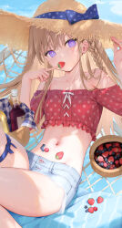 Rule 34 | 1girl, bare shoulders, blue shorts, blueberry, blush, braid, breasts, brown hair, brown hat, crop top, day, denim, denim shorts, eating, food, fruit, hand on headwear, hat, long hair, looking at viewer, lying, midriff, mignon, navel, on back, original, outdoors, polka dot, polka dot shirt, purple eyes, shiny skin, shirt, short shorts, shorts, side braid, single braid, small breasts, solo, stomach, straw hat, strawberry, sun hat