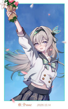 1girl absurdres arm_up black_hairband black_sailor_collar bow commentary_request firefly_(honkai:_star_rail) firefly_(spring_missive)_(honkai:_star_rail) flower gradient_hair green_bow green_hair grey_hair grey_skirt hair_between_eyes hair_ornament hairband highres holding holding_flower honkai:_star_rail honkai_(series) midriff multicolored_hair official_alternate_costume open_mouth pink_flower plaid_bow plaid_clothes plaid_skirt sailor_collar school_uniform serafuku shubun_(user_gxsx8757) skirt smile white_flower