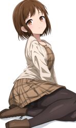 Rule 34 | 1girl, absurdres, ankle boots, bang dream!, black pantyhose, blush, boots, breasts, brown dress, brown eyes, brown footwear, brown hair, buttons, cardigan, closed mouth, collarbone, commentary request, cross-laced footwear, dress, foot out of frame, from side, hazawa tsugumi, highres, lace-up boots, long sleeves, looking at viewer, looking to the side, medium breasts, noshimurin, open cardigan, open clothes, pantyhose, plaid, plaid dress, pleated dress, short hair, simple background, sitting, smile, solo, thighband pantyhose, white background, white cardigan, yokozuwari