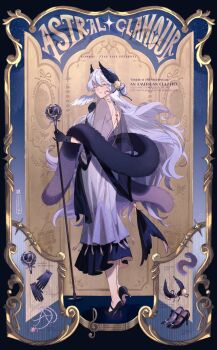 1920s_(style) 1girl alternate_costume aqua_eyes backless_dress backless_outfit black_border black_gloves black_shoes border breasts cheseely commentary dress english_commentary english_text equipment_layout feather_boa folding_screen gloves hair_between_eyes hair_bun hair_ornament half_updo head_wings high_heels highres holding holding_microphone_stand honkai:_star_rail honkai_(series) jewel_under_eye jewelry layered_dress long_hair looking_at_viewer looking_back medium_breasts medium_dress microphone microphone_stand necklace no_halo ornate_border parted_lips pumps purple_hair robin_(honkai:_star_rail) see-through_clothes see-through_sleeves shoes sky smile solo star_(sky) starry_sky very_long_hair vintage_microphone white_dress white_wings wing_hair_ornament wings