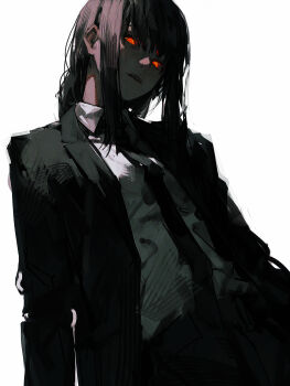 1girl 96yottea absurdres black_hair black_necktie blunt_bangs braid business_suit candy chainsaw_man cowboy_shot crazy_eyes food formal_clothes glow glowing glowing_eyes hair_between_eyes highres jacket lollipop long_hair looking_at_viewer looking_down makima_(chainsaw_man) messy_hair monochrome necktie open_clothes open_jacket red_eyes shaded_face shadow shirt sidelocks simple_background single_braid solo suit swirl_lollipop white_background white_shirt