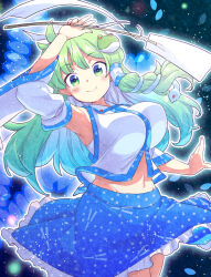 Rule 34 | 1girl, arm up, armpits, aura, blue background, blue skirt, blush, breasts, closed mouth, collared shirt, commentary request, cowboy shot, detached sleeves, frilled skirt, frills, frog hair ornament, gohei, green eyes, green hair, hair ornament, holding, holding gohei, kochiya sanae, large breasts, long hair, looking at viewer, medium bangs, shirt, single hair tube, single sidelock, skirt, sleeveless, sleeveless shirt, smile, snake hair ornament, solo, tanasuke, touhou, white shirt, white sleeves