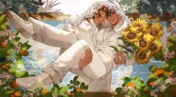 1boy 1girl blonde_hair blush bouquet bridal_veil brown_hair carrying check_gender colored_inner_hair commentary couple covered_collarbone cowboy_shot earrings floral_background flower full_body gender_request hair_between_eyes half-closed_eyes highres holding holding_bouquet jacket jewelry light_particles looking_at_another looking_to_the_side multicolored_hair nose open_mouth original pants picture_frame princess_carry shirt shoes short_hair smile sunflower sunlight symbol-only_commentary teeth tongue turtleneck turtleneck_shirt veil vest wedding wedding_suit white_jacket white_pants white_shirt white_shoes white_vest yusu_zune