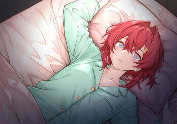 1girl alternate_costume ange_katrina arm_up bed bed_sheet blue_eyes blush breast_pocket collarbone commentary_request crossed_bangs double-parted_bangs drooling dutch_angle gradient_eyes green_pajamas hair_between_eyes hair_intakes hair_ornament highres looking_up medium_hair mikan_mizu mouth_drool multicolored_eyes nijisanji on_bed pajamas parted_lips pink_eyes pocket red_hair solo tearing_up triangle_hair_ornament under_covers upper_body virtual_youtuber waking_up