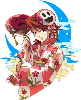 1girl absurdres brown_eyes brown_hair checkered_clothes checkered_kimono cloud cloudy_sky commentary commission crescent_moon cropped_torso duckpasta_flo earrings english_commentary flipped_hair floral_background floral_print floral_print_kimono flower glint hair_flower hair_ornament hand_fan heart highres holding holding_fan jack_frost_(megami_tensei) japanese_clothes jewelry kimono long_hair looking_at_viewer mask mask_on_head moon official_alternate_costume parted_lips persona persona_3 pink_kimono print_kimono sash short_hair sky solo star_(sky) star_(symbol) starry_sky stud_earrings takeba_yukari upper_body white_kimono wide_sleeves yellow_flower yellow_sash yukata