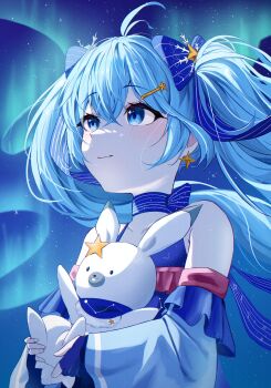 Rule 34 | 1girl, absurdres, ahoge, aurora, bare shoulders, blue dress, blue eyes, blue hair, blush, bow, closed mouth, collarbone, commentary request, daraamji2, dress, earrings, hair between eyes, hair bow, hair ornament, hatsune miku, highres, jewelry, long hair, long sleeves, looking up, night, official alternate costume, official alternate hairstyle, rabbit, rabbit yukine, sky, sleeveless, sleeveless dress, smile, solo, star (symbol), star earrings, star hair ornament, twintails, upper body, vocaloid, wand, white rabbit (animal), wide sleeves, yuki miku, yuki miku (2017)