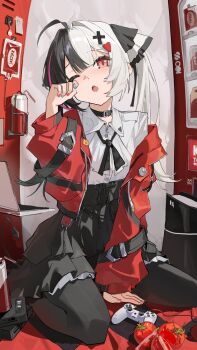 1girl ahoge between_legs black_choker black_hair black_pantyhose black_ribbon black_skirt blue_nails blush can choker collared_shirt controller demon_tail food frilled_skirt frills game_controller hair_ornament heart heart_hair_ornament high-waist_skirt highres jacket jiu_ye_sang kneeling lacrimosa_(neverness_to_everness) long_hair long_sleeves looking_at_viewer multicolored_hair multicolored_nails nail_polish neck_ribbon neverness_to_everness off_shoulder one_eye_closed open_clothes open_jacket open_mouth pantyhose pink_streaks puffy_sleeves red_eyes red_jacket red_nails ribbon rubbing_eyes shirt sitting skirt sleeve_belt solo split-color_hair tail tomato twintails two-tone_hair vending_machine wariza white_hair white_shirt x_hair_ornament