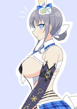 1girl absurdres animal_ear_hairband animal_ears artist_request bare_shoulders black_panties blue_eyes blue_necktie blue_skirt bow breasts color_guide elbow_gloves fake_animal_ears fake_tail fishnet_gloves fishnets frontless_outfit garter_straps gloves grey_hair hair_bow hair_bun hairband highres large_breasts looking_at_viewer medium_hair miniskirt necktie official_alternate_costume official_alternate_hairstyle panties rabbit_ear_hairband rabbit_ears rabbit_tail revealing_clothes reverse_bunnysuit reverse_outfit senran_kagura senran_kagura_new_link shrug_(clothing) sideboob skirt snowflake_print striped_bow tail underwear white_bow yumi_(senran_kagura)