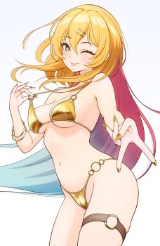 1girl ;p absurdres bangle bikini blonde_hair blue_hair bracelet breasts commentary_request cowboy_shot floating_hair from_side gold_bikini gyaru_v hair_between_eyes hair_ornament hairclip highres jewelry katagiri_nanase large_breasts light_blush long_hair looking_at_viewer minamoto_natsuki mole mole_under_eye multicolored_hair multiple_bracelets navel nukigee_mitai_na_shima_ni_sunderu_watashi_wa_dou_surya_ii_desu_ka? o-ring o-ring_bikini o-ring_bottom o-ring_thigh_strap o-ring_top one_eye_closed outstretched_arm parallel_hairclips purple_hair red_hair simple_background solo standing string_bikini swimsuit thigh_strap tongue tongue_out v very_long_fingernails very_long_hair white_background yellow_eyes yellow_nails