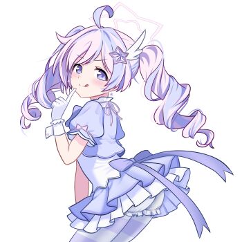 >:) 1girl :q absurdres ahoge ass back_bow bloomers blue_archive blue_bow blue_dress blue_hair blush bow braid closed_mouth commentary cowboy_shot dress from_side gloves hair_ornament hand_up highres index_finger_raised long_hair looking_at_viewer magical_girl multicolored_hair nyatako pink_bow pink_hair puffy_short_sleeves puffy_sleeves purple_eyes reisa_(blue_archive) reisa_(magical)_(blue_archive) short_sleeves sidelocks simple_background sleeve_bow smile solo split_mouth star_(symbol) star_hair_ornament streaked_hair tareme tongue tongue_out twin_braids twintails two-tone_hair underwear v-shaped_eyebrows very_long_hair white_background white_bloomers white_gloves white_wrist_cuffs wing_hair_ornament wrist_cuffs