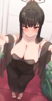 1girl absurdres bead_necklace beads black_dress black_hair black_halo blue_archive blush braid breasts bright_pupils bun_with_braided_base cleavage commentary_request dress hair_bun hair_ornament halo hayasi_iru highres jewelry large_breasts looking_at_viewer multicolored_halo necklace official_alternate_costume official_alternate_hairstyle outstretched_arms red_eyes ringed_eyes rio_(blue_archive) rio_(dress)_(blue_archive) see-through_clothes see-through_shawl shawl solo strapless strapless_dress two-tone_halo undersized_breast_cup white_pupils