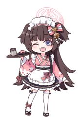 Rule 34 | 1girl, ;d, apron, bell, black skirt, blue archive, blue eyes, blush, bow, brown footwear, brown hair, chibi, cup, food, frilled apron, frilled skirt, frills, full body, hair bow, halo, hand up, harada (sansei rain), highres, holding, holding tray, japanese clothes, jingle bell, kimono, long hair, long sleeves, looking at viewer, maid, maid headdress, one eye closed, open mouth, pink kimono, pleated skirt, sandals, shizuko (blue archive), simple background, skirt, smile, solo, standing, striped bow, teeth, thighhighs, tray, two side up, upper teeth only, very long hair, wa maid, white apron, white background, white thighhighs, wide sleeves, yunomi, zouri
