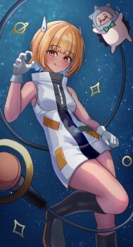 Rule 34 | 1girl, :q, absurdres, black boots, blonde hair, blue hair, blunt bangs, boots, brown eyes, colored inner hair, dress, gloves, hashtag-only commentary, haze haseru haterumade (zutomayo), headgear, hedgehog, helmet, highres, knee boots, knee up, licking lips, looking at viewer, maxxzu, microphone, multicolored hair, nira-chan, nira-chan (haze haseru haterumade) (zutomayo), short hair, sleeveless, sleeveless dress, space, space helmet, tongue, tongue out, uniguri (zutomayo), white dress, white gloves, zutto mayonaka de ii no ni