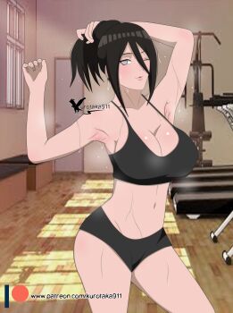 1girl agung911 armpits arms_up black_hair blurry blurry_background boruto:_naruto_next_generations breasts cleavage dripping exercise_machine gym hair_between_eyes highres holding holding_own_hair hyuuga_hanabi indoors large_breasts looking_at_viewer naruto_(series) navel one_eye_closed parted_lips patreon_username pixelated ponytail purple_eyes short_ponytail sidelocks signature sports_bra stomach sweat tagme thick_thighs thighs wet window workout_clothes