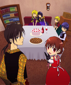 3boys 4girls alcohol apple_pie berl_(berl_and_the_candy_house) berl_and_the_candy_house black_hair blonde_hair blue_hair bookshelf bottle braid braided_bun brother_and_sister brown_hair cake choker cup dirndl dress drinking_glass food german_clothes hair_bun hans_(berl_and_the_candy_house) hase_(berl_and_the_candy_house) holding holding_stuffed_toy long_hair looking_back margarethe_(berl_and_the_candy_house) maria_magdalene_(berl_and_the_candy_house) mikke_(berl_and_the_candy_house) mother_and_daughter mother_and_son multiple_boys multiple_girls pasuta pie plaid_clothes plaid_shirt ponytail puffy_short_sleeves puffy_sleeves purple_dress red_choker red_eyes rezia_(berl_and_the_candy_house) shirt short_hair short_ponytail short_sleeves siblings sitting smile stuffed_animal stuffed_rabbit stuffed_toy twins vest wavy_hair wine wine_bottle wine_glass yellow_eyes