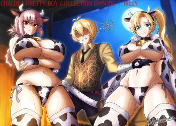 animal_ears animal_print arms_under_breasts bikini billy_the_kid_(fate) blonde_hair braid calamity_jane_(fate) cow_ears cow_horns cow_print cow_print_bikini fallout fallout:_new_vegas fate/grand_order fate_(series) florence_nightingale_(fate) gun handgun highres holding holding_gun holding_weapon horns husbandmaru pink_hair print_bikini red_eyes revolver signature smug swimsuit tagme thighhighs weapon
