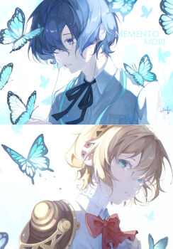 1boy 1girl absurdres aigis_(persona) android aqua_eyes black_ribbon blonde_hair blue_butterfly blue_eyes blue_hair blue_ribbon bow bug butterfly butterfly_on_hand cable collage commentary crying crying_with_eyes_open double-parted_bangs english_commentary from_side gekkoukan_high_school_uniform gold_hairband hair_over_one_eye hairband headphones highres insect latin_text linfeyy looking_at_viewer looking_down mechanical_arms parted_bangs parted_lips persona persona_3 red_bow ribbon robot_ears school_uniform shirt short_hair signature tears white_background white_shirt yuuki_makoto_(persona_3)