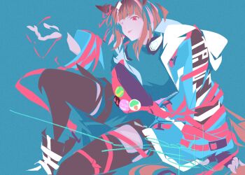 Rule 34 | 1girl, animal ears, aqua coat, arm support, blue background, bow, brown hair, coat, ear ornament, ear ribbon, echoo, fingerless gloves, gloves, hashtag-only commentary, headphones, headphones around neck, highres, horse ears, horse girl, horse tail, jacket, looking at viewer, red-framed eyewear, red eyes, short hair, sidelocks, sitting, solo, tail, tongue, tongue out, transcend (umamusume), transcend (zoku-zoku gizmo) (umamusume), umamusume, unworn eyewear