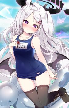 1girl ahoge bare_arms bare_shoulders black_boots black_thighhighs blue_archive blue_one-piece_swimsuit blurry blurry_background blush boots breasts collarbone commentary_request commission demon_girl demon_wings foot_out_of_frame hair_ornament hairclip halo highres hina_(blue_archive) hina_(swimsuit)_(blue_archive) innertube long_hair looking_at_viewer nagayama_yuunon name_tag old_school_swimsuit one-piece_swimsuit purple_eyes school_swimsuit skeb_commission small_breasts smile solo swim_ring swimsuit thighhighs wavy_hair whistle whistle_around_neck white_hair wings