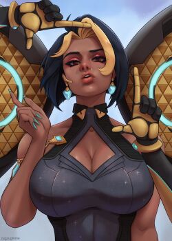 Rule 34 | 1girl, absurdres, aqua nails, armlet, black hair, blonde hair, blue background, breasts, brown eyes, brown lips, cleavage, cleavage cutout, clothing cutout, commentary, dark-skinned female, dark skin, domina (overwatch), earrings, extra arms, eyeshadow, fingernails, hair intakes, highres, index finger raised, jewelry, large breasts, linea alba, long fingernails, looking at viewer, makeup, mechanical arms, mole, mole on breast, multicolored hair, overwatch, pink eyeshadow, sharp fingernails, short hair, sleeveless, solo, sparkle print, streaked hair, teeth, two-tone hair, upper body, upper teeth only, zugzugmine