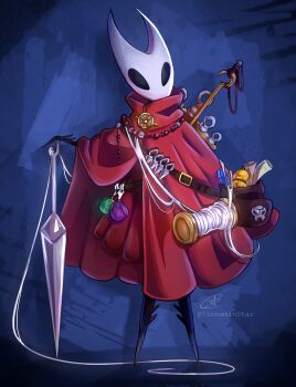 1girl arthropod_girl artist_name bead_necklace beads black_skin cinnaminstar cloak colored_skin commentary english_commentary highres hollow_eyes hollow_knight hollow_knight:_silksong horned_mask hornet_(hollow_knight) jewelry map mask necklace needle_(hollow_knight) pin_(hollow_knight) red_cloak signature solo thread tool_(hollow_knight) weapon white_mask