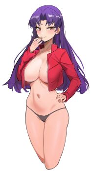 1girl absurdres black_panties breasts cropped_jacket cropped_legs earrings hand_on_own_hip higher_resolution_available highres jacket jewelry katsuragi_misato kiritzugu large_breasts licking_lips long_hair looking_at_viewer navel neon_genesis_evangelion open_clothes open_jacket panties purple_hair red_jacket shiny_skin simple_background smile solo thong tongue tongue_out underwear white_background wide_hips