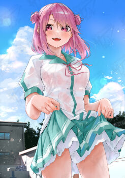 1girl aqua_skirt bad_id bad_pixiv_id blue_sky breasts commentary_request day highres kamagaya_momoka kamikakushi_no_eden light_blush medium_breasts neck_ribbon open_mouth outdoors pink_eyes pleated_skirt red_ribbon ribbon sahara386 school_uniform shirt short_hair sideways_glance skirt skirt_hold sky smile solo watermark watermark_grid wet wet_clothes wet_shirt white_shirt