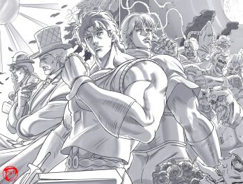 Rule 34 | 6+boys, araki hirohiko (style), argyle clothes, argyle hat, belt buckle, black tank top, bouquet, bowler hat, bracer, buckle, closed mouth, collared shirt, commentary, cup, dio brando, drinking glass, english commentary, fingerless gloves, flower, gloves, grandguerrilla, greyscale, hat, highres, holding, holding cup, holding sword, holding weapon, jojo no kimyou na bouken, jonathan joestar, long coat, long hair, long sleeves, luck and pluck, manly, monochrome, moon, multiple boys, muscular, muscular male, official style, open mouth, phantom blood, robert e. o. speedwagon, shirt, short sleeves, sun, sword, tank top, top hat, weapon, will anthonio zeppeli, wine glass, zombie