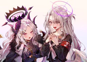 2girls ahoge armband black_shirt blue_archive blush braid grey_eyes hair_ornament hairclip half_up_braid half_updo halo highres hina_(blue_archive) horns long_hair looking_at_viewer low_wings multiple_girls neckerchief open_mouth parted_bangs parted_hair parted_lips purple_eyes sailor_collar school_uniform shirt sidelocks wavy_hair white_background white_hair white_neckerchief white_wings wings yp1091