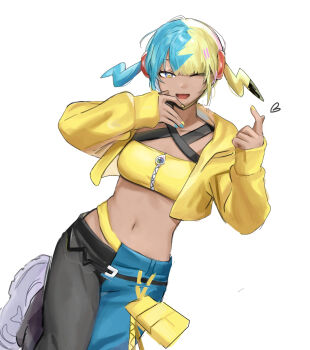 1girl aqua_hair bandeau belt black_belt black_mask blonde_hair blue_eyes blue_nails breasts canari_(pokemon) coin_(furs8332) collarbone commentary criss-cross_straps dark-skinned_female dark_skin finger_heart heart highres jacket long_sleeves looking_at_viewer mask mask_pull mega_stone mouth_mask multicolored_hair navel nintendo one_eye_closed open_mouth pants pokemon pokemon_legends:_z-a short_twintails simple_background smile solo split-color_hair sports_bra stomach twintails two-tone_hair two-tone_mask two-tone_pants white_background yellow_bandeau yellow_jacket yellow_mask yellow_nails yellow_sports_bra