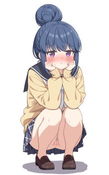 1girl absurdres anus black_sailor_collar blue_hair blue_skirt blush brown_shoes clitoral_hood commentary_request embarrassed female_pubic_hair full_body hair_bun highres loafers looking_at_viewer motosu_school_uniform neckerchief no_panties peeing plaid_clothes plaid_skirt pubic_hair purple_eyes pussy sailor_collar school_uniform setteiset shima_rin shoes short_hair sidelocks simple_background skirt solo squatting sweater uncensored white_background white_neckerchief yellow_sweater yurucamp