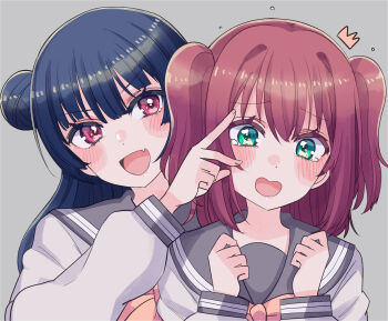 2girls aqua_eyes blue_hair blush commentary_request cream_(nipakupa) embarrassed fang grey_background grey_sailor_collar hair_bun kurosawa_ruby long_hair long_sleeves looking_at_another love_live! love_live!_sunshine!! medium_hair multiple_girls neck_ribbon open_mouth red_eyes red_hair ribbon sailor_collar school_uniform single_hair_bun smile tsushima_yoshiko twintails uranohoshi_school_uniform yellow_ribbon