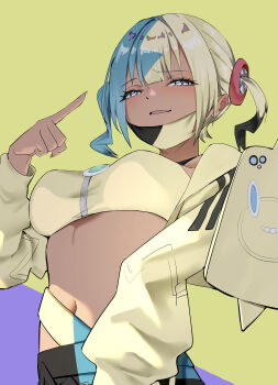 Rule 34 | 1girl, absurdres, aqua hair, bandeau, black hair, blonde hair, blue eyes, breasts, canari (pokemon), commentary request, dark-skinned female, dark skin, gen 4 pokemon, highres, katagiri nanoka, long sleeves, looking at viewer, mask, mask pull, medium breasts, mouth mask, navel, nintendo, pokemon, pokemon legends: z-a, purple background, rotom, rotom phone, smile, solo, twintails, two-tone background, yellow background, yellow bandeau