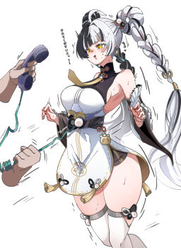 1girl absurdres ahoge black_hair blush braid breasts caseee999 china_dress chinese_clothes detached_sleeves dialyn_(zenless_zone_zero) dress gloves highres holding holding_phone long_hair looking_at_viewer medium_breasts multicolored_hair open_mouth phone solo split-color_hair twin_braids two-tone_hair white_dress white_gloves white_hair white_sleeves yellow_eyes zenless_zone_zero