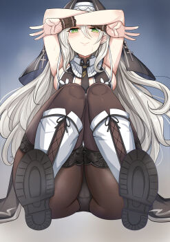 1girl black_pantyhose blush boots breasts cat_shadow_puppet_(meme) from_below green_eyes highres large_breasts long_hair looking_at_viewer meme nun nun_headdress original panties panties_under_pantyhose pantyhose pov underwear white_boots white_hair yougenko