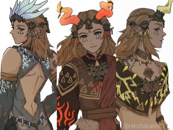 Rule 34 | 1boy, backless outfit, blonde hair, blue sleeves, charged set (zelda), commentary request, crop top, detached sleeves, earrings, ember set (zelda), facial hair, frostbite set (zelda), highres, horns, jewelry, link, long hair, male focus, midriff, multiple views, necklace, nikohakaeritai, nintendo, official alternate costume, pointy ears, sidelocks, the legend of zelda, the legend of zelda: tears of the kingdom, twitter username, upper body, white background