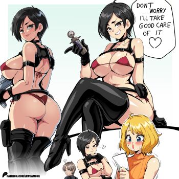 Rule 34 | 1boy, 2girls, ?, absurdres, ada wong, areola slip, aroused nosebleed, ashley graham, ass, belt, belt pouch, bikini, black belt, black boots, black choker, black gloves, blonde hair, blood, blue eyes, blush, boots, breasts, butt crack, cameltoe, choker, collarbone, commentary, crossed legs, english commentary, english text, gloves, grin, gun, heart, high heel boots, high heels, highres, holding, holding gun, holding photo, holding weapon, leon s. kennedy, lewdamone, looking at another, looking at viewer, looking back, medium hair, motion lines, multiple girls, nosebleed, patreon logo, photo (object), pouch, resident evil, resident evil 4, resident evil 4 (remake), short hair, side-tie bikini bottom, sitting, sleeveless, sleeveless turtleneck, smile, speech bubble, string bikini, swimsuit, thick thighs, thigh boots, thighs, turtleneck, underboob, watermark, weapon, web address