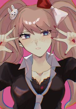 1girl black_shirt blonde_hair blue_eyes bow breasts cleavage collarbone cosplay danganronpa:_trigger_happy_havoc danganronpa_(series) enoshima_junko enoshima_junko_(cosplay) freckles hair_bow hair_ornament hakumai_(mgmg_okomee) hands_up heart heart-shaped_pupils highres ikusaba_mukuro long_hair nail_polish pink_background rabbit_hair_ornament red_bow red_nails shirt simple_background solo symbol-shaped_pupils teeth white_bow