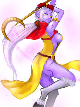 Rule 34 | 1girl, armlet, arms up, breasts, capelet, colored skin, dress, female focus, fingerless gloves, gloves, highres, hooves, horns, jewelry, kumiko shiba, large breasts, league of legends, long hair, monster girl, naked tabard, pelvic curtain, pointy ears, ponytail, purple skin, side slit, sideboob, single horn, solo, soraka (league of legends), staff, tabard, tattoo, very long hair, white hair, yellow dress, yellow eyes